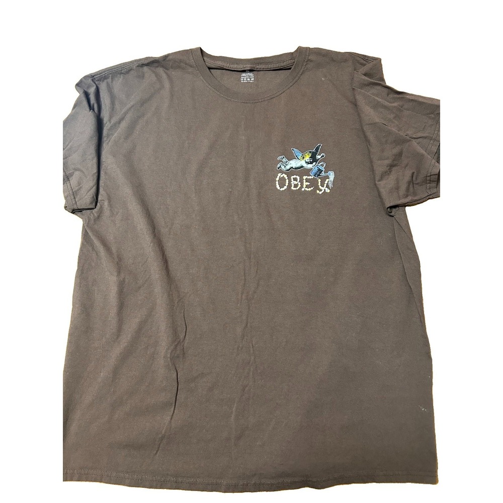 OBEY Watering Garden T Shirt Mens XL Brown Cherub Angel Floral Graphic Tee